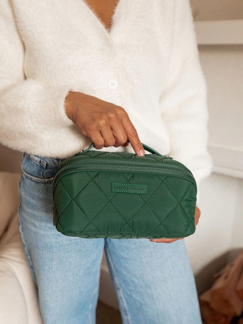 Poppy & Peonies Quilted Top Handle Open & Glow Cosmetic Bag in Heritage Green